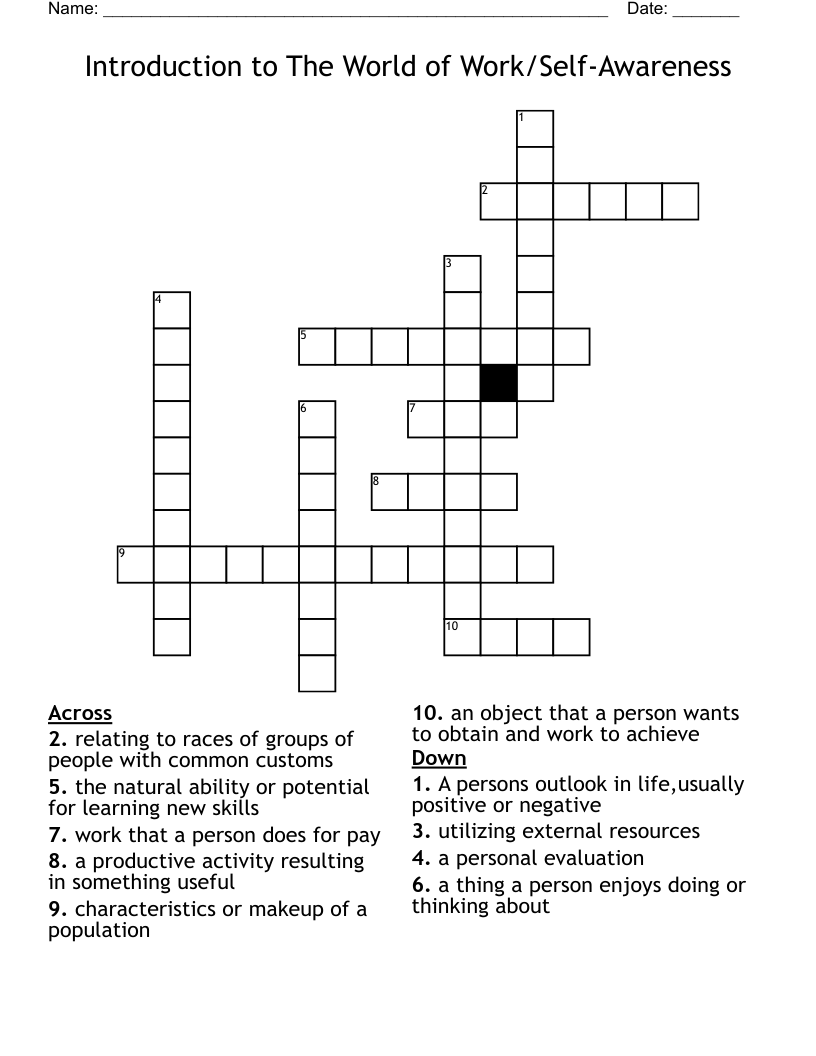 Introduction to The World of Work/Self-Awareness Crossword
