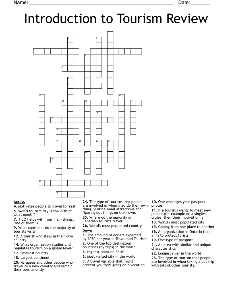 Introduction to Tourism Review Crossword