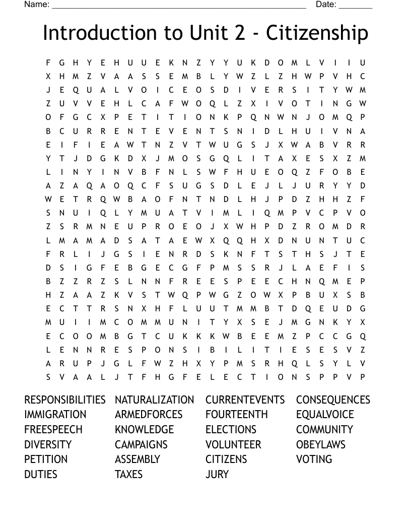 Introduction to Unit 2 - Citizenship Word Search