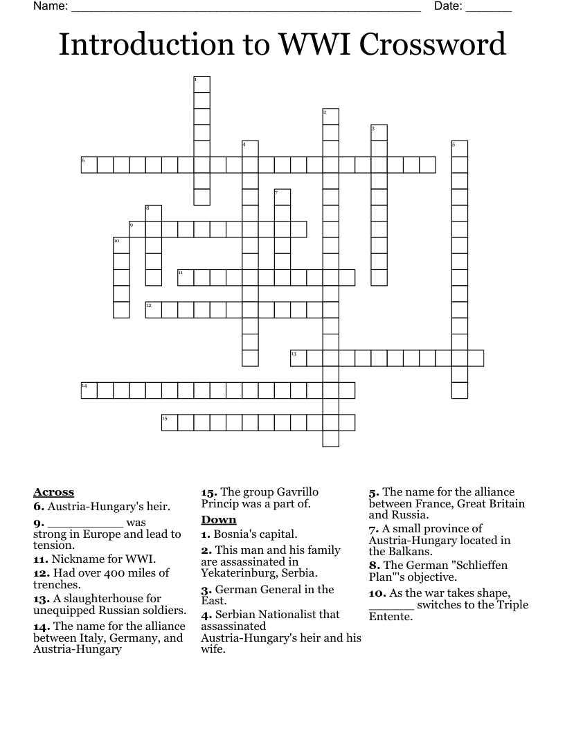 Introduction to WWI Crossword