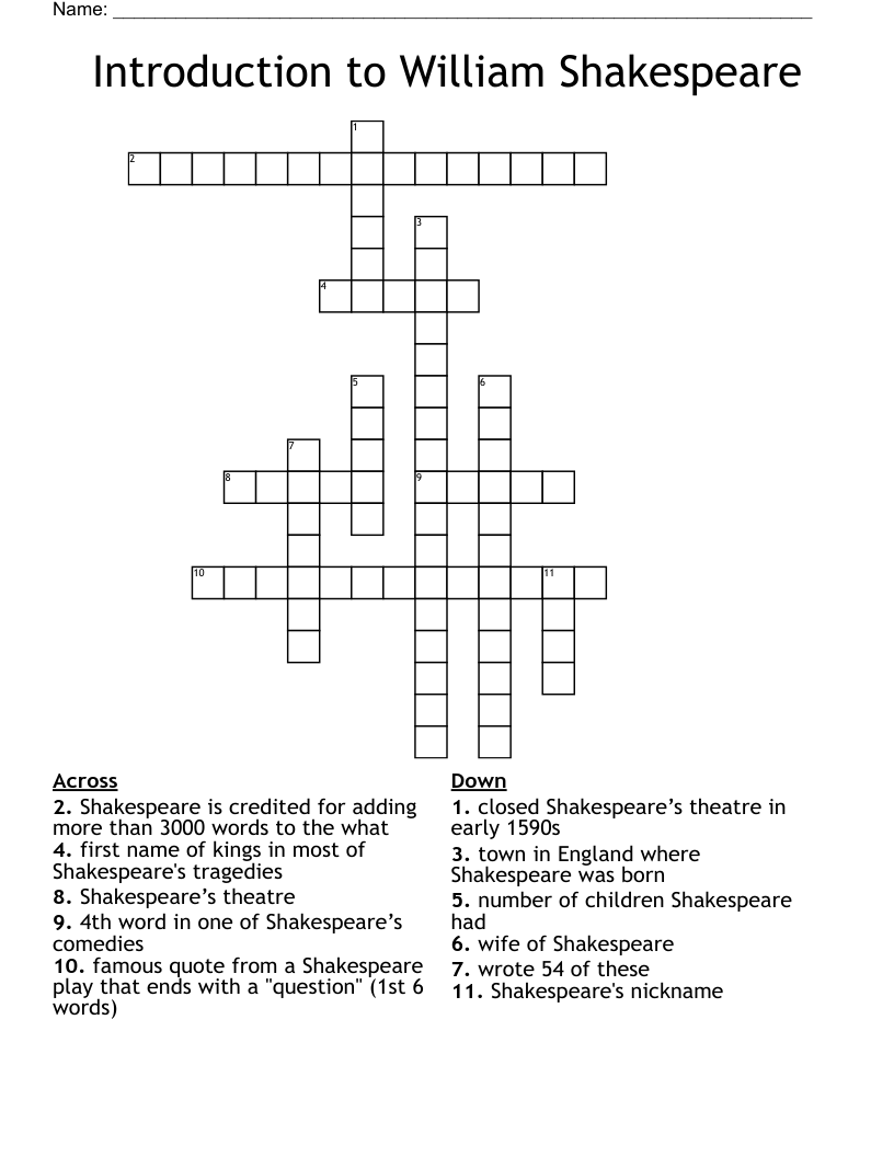 Introduction to William Shakespeare Crossword