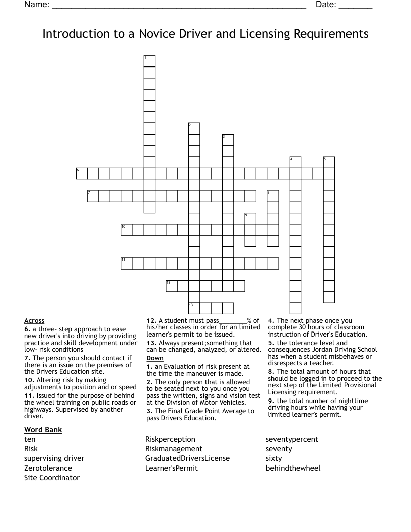 Introduction to a Novice Driver and Licensing Requirements Crossword
