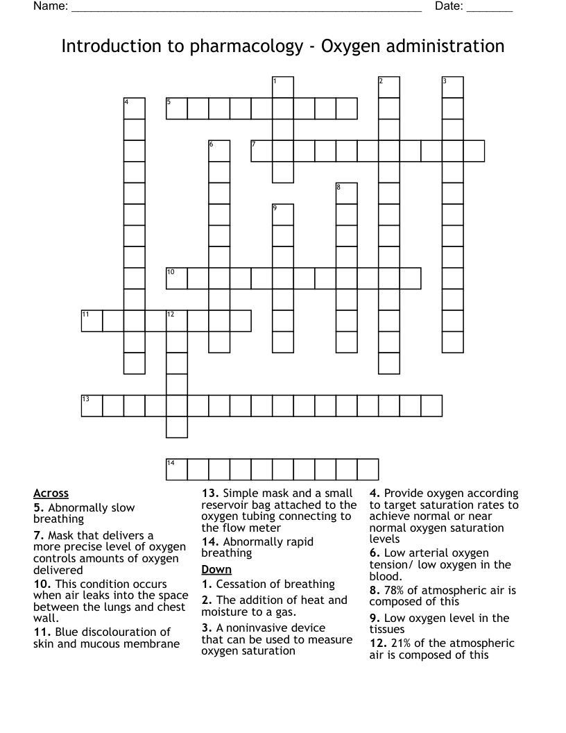 Introduction to pharmacology - Oxygen administration  Crossword