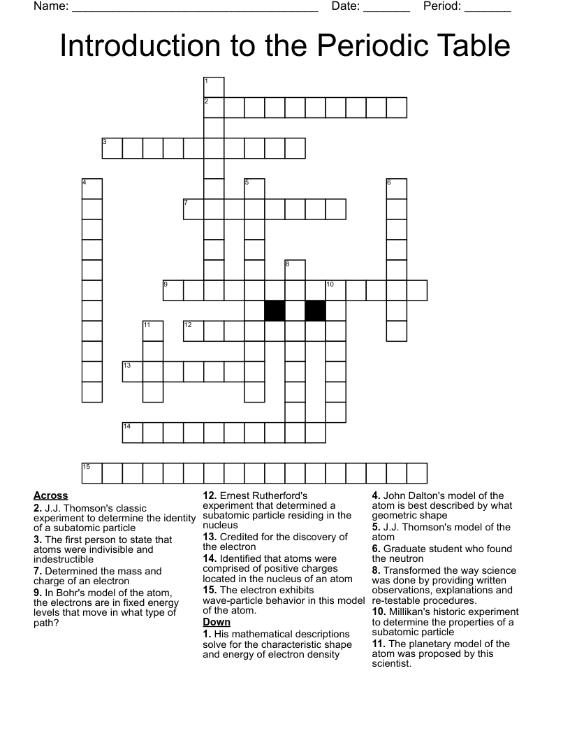 Introduction to the Periodic Table Crossword