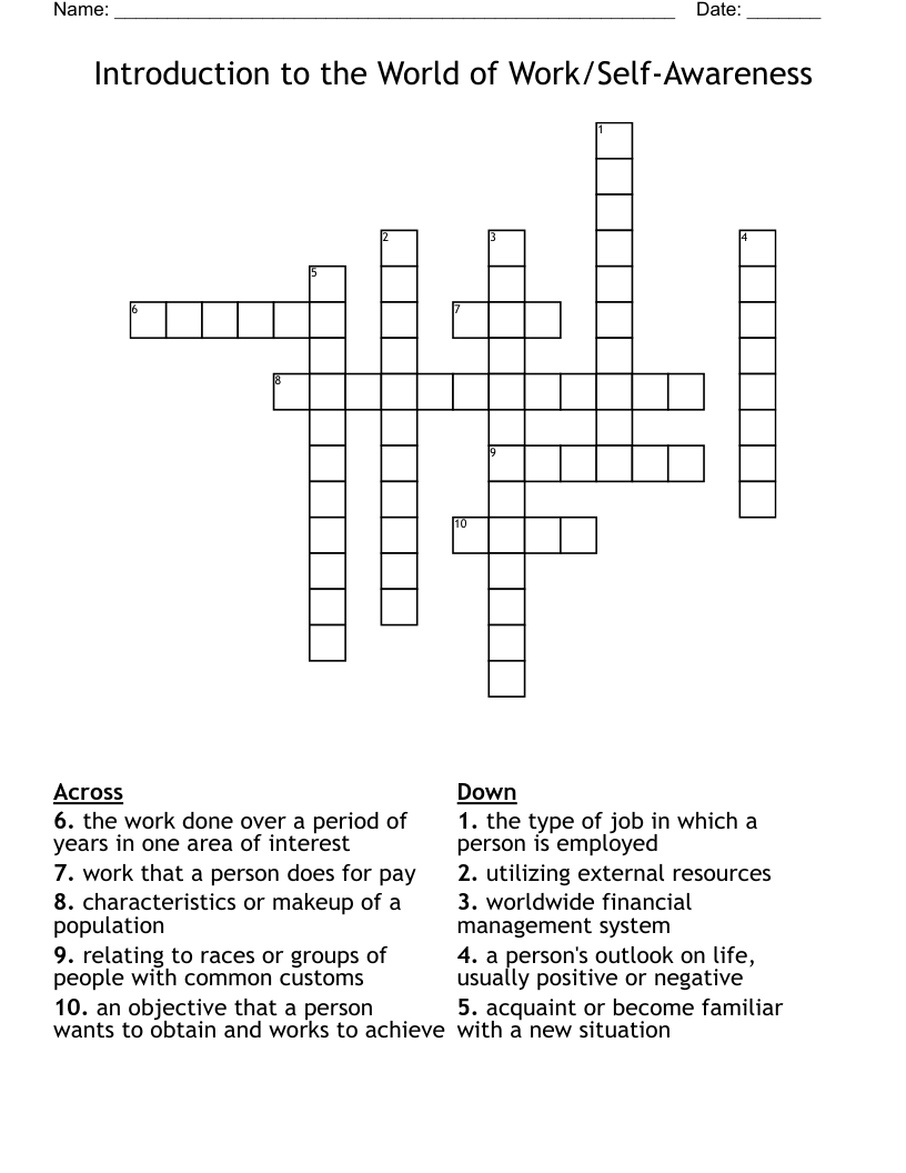 Introduction to the World of Work/Self-Awareness Crossword