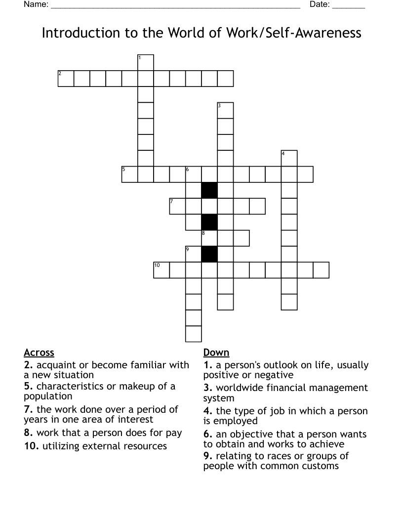 Introduction to the World of Work/Self-Awareness Crossword