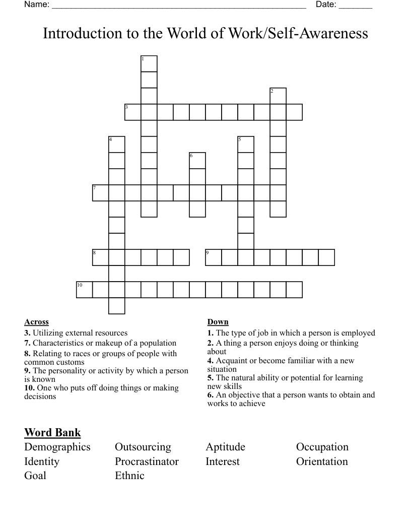 Introduction to the World of Work/Self-Awareness Crossword