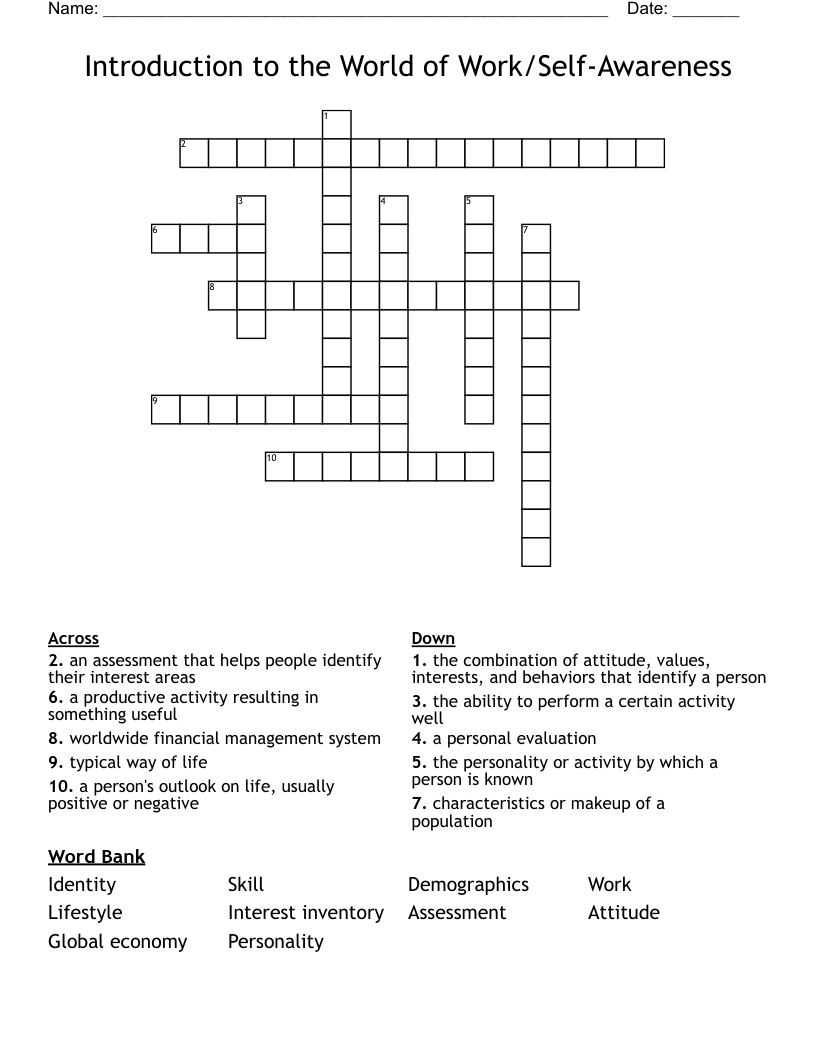 Introduction to the World of Work/Self-Awareness Crossword