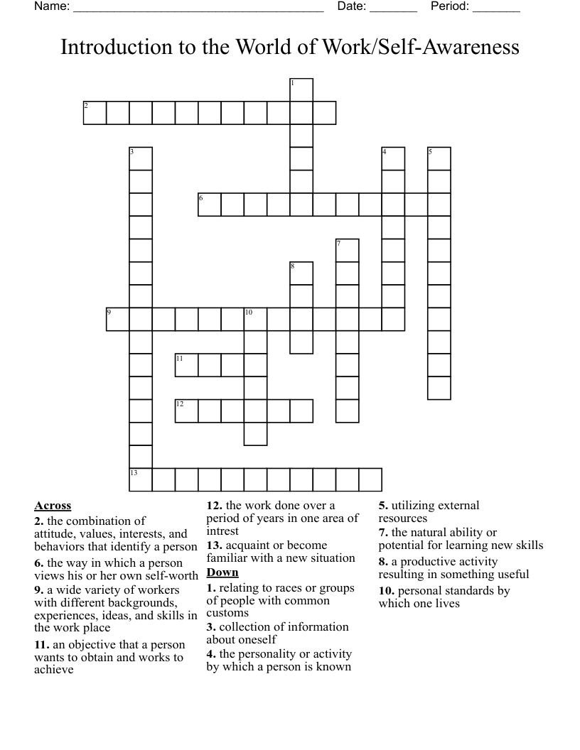 Introduction to the World of Work/Self-Awareness Crossword