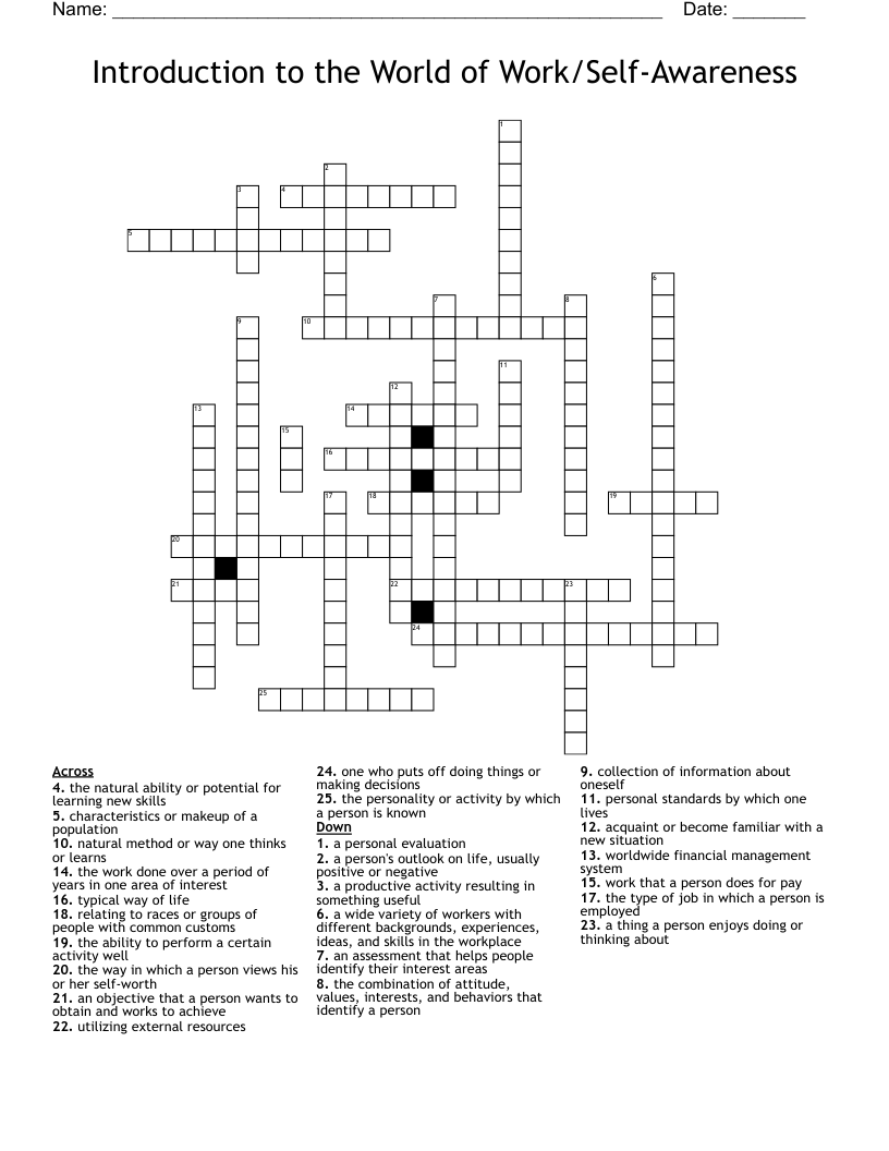 Introduction to the World of Work/Self-Awareness Crossword