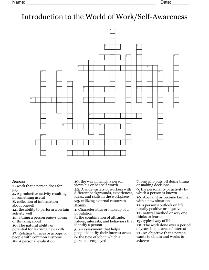 Introduction to the World of Work/Self-Awareness Crossword