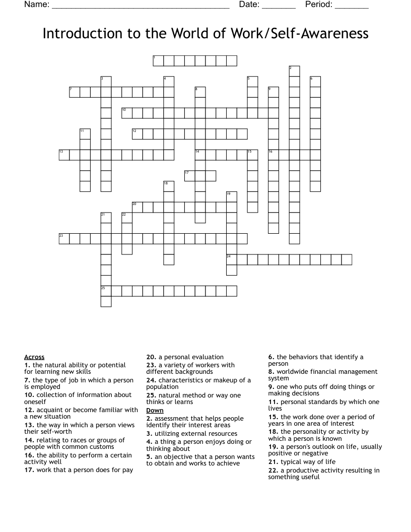 Introduction to the World of Work/Self-Awareness Crossword