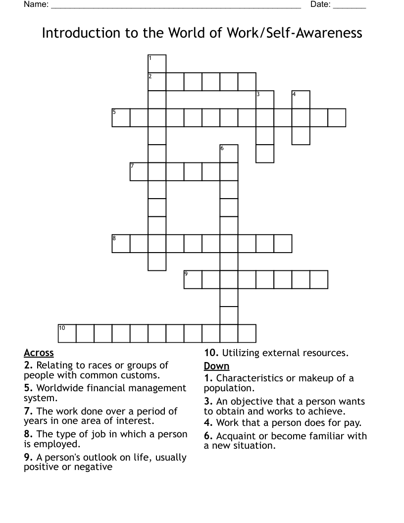 Introduction to the World of Work/Self-Awareness Crossword