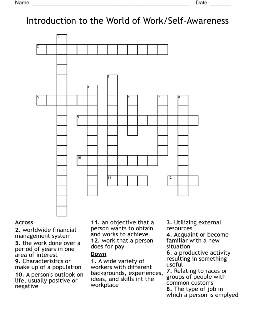 Introduction to the World of Work/Self-Awareness Crossword