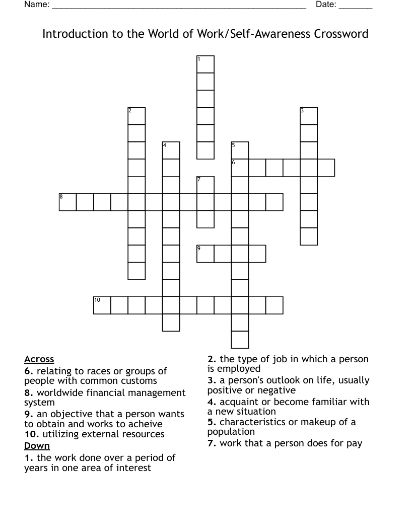 Introduction to the World of Work/Self-Awareness Crossword