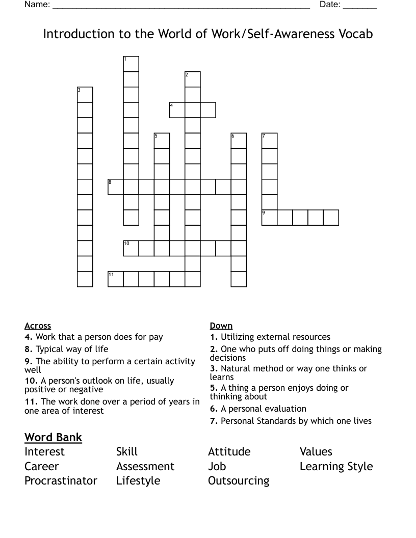 Introduction to the World of Work/Self-Awareness Vocab Crossword