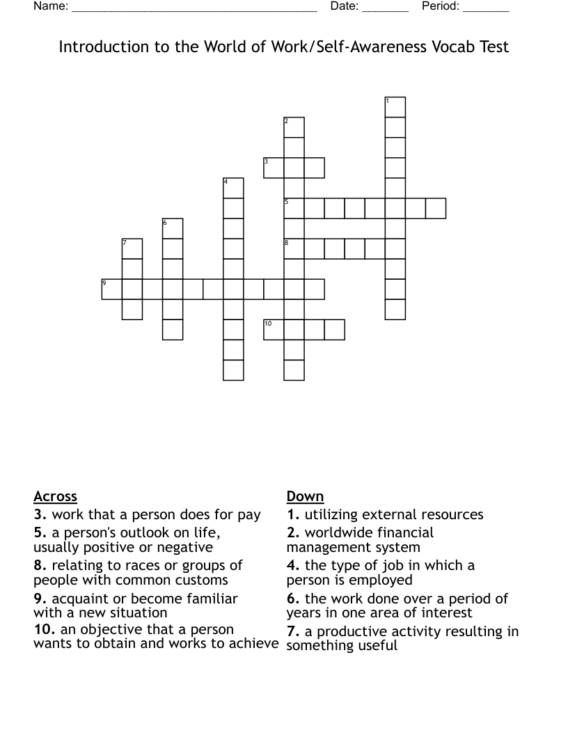 Introduction to the World of Work/Self-Awareness Vocab Test Crossword