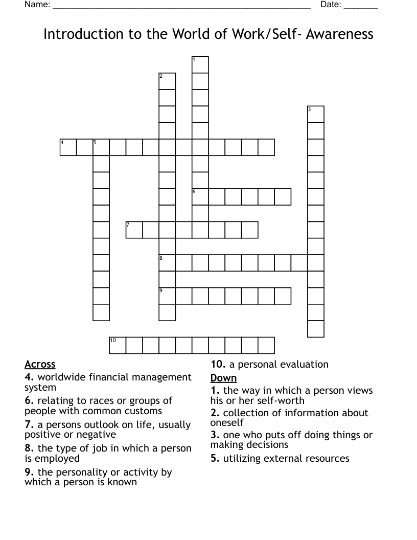 Introduction to the World of Work/Self- Awareness Crossword