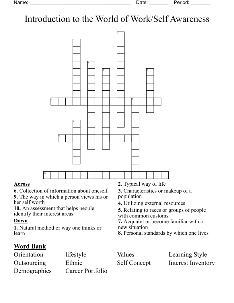 Introduction to the World of Work/Self Awareness Crossword