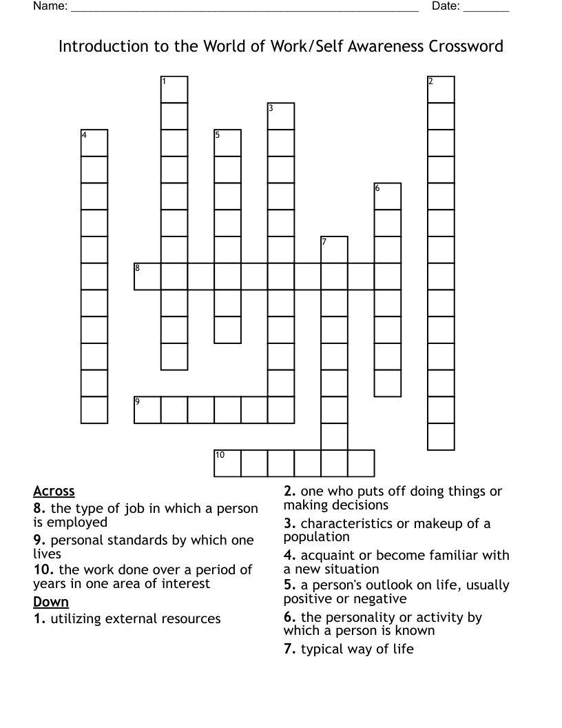 Introduction to the World of Work/Self Awareness Crossword