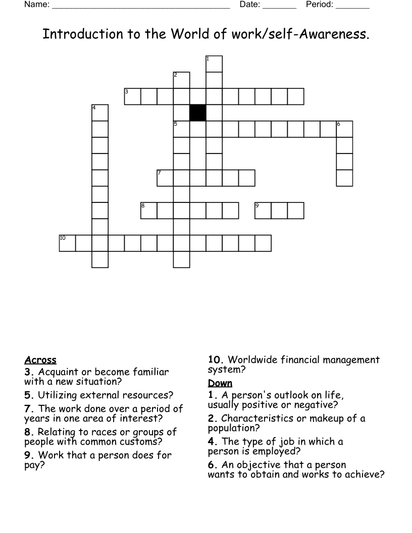 Introduction to the World of work/self-Awareness. Crossword