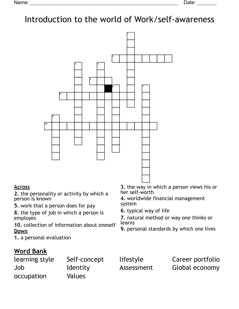 Introduction to the world of Work/self-awareness Crossword