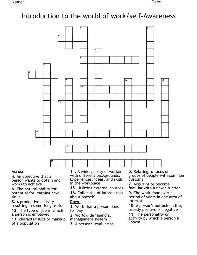 Introduction to the world of work/self-Awareness  Crossword