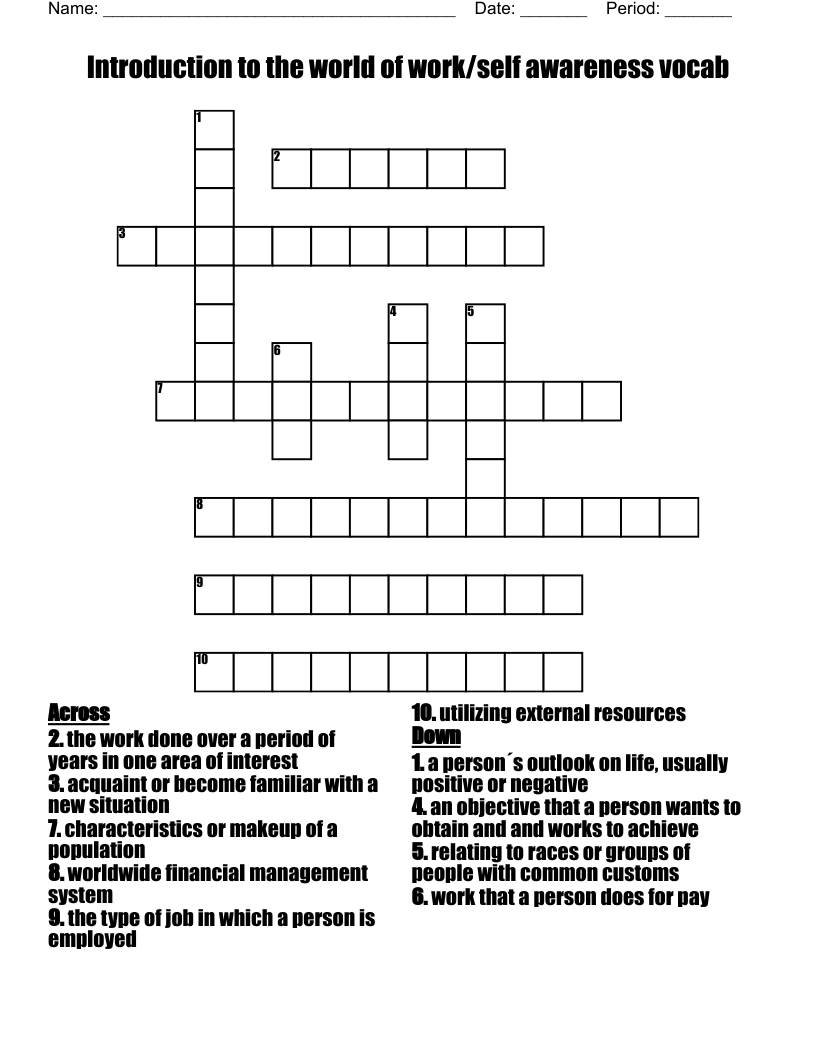 Introduction to the world of work/self awareness vocab  Crossword