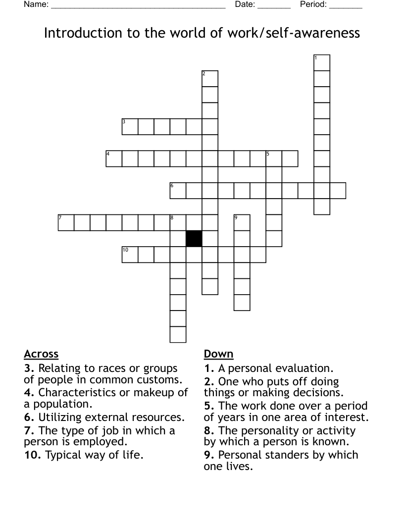 Introduction to the world of work/self-awareness  Crossword