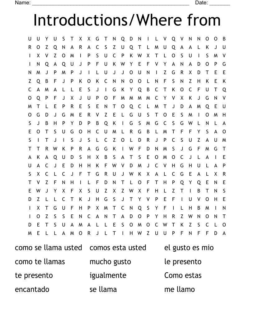 Introductions/Where from Word Search