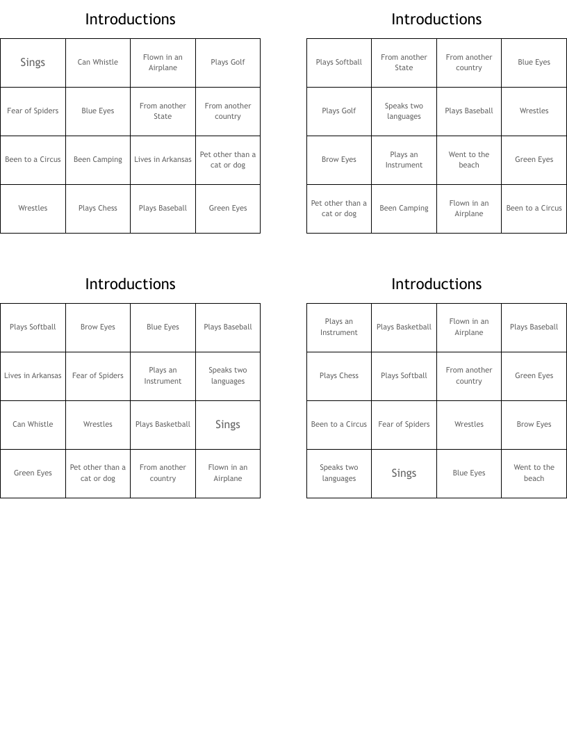 Introductions Bingo Cards