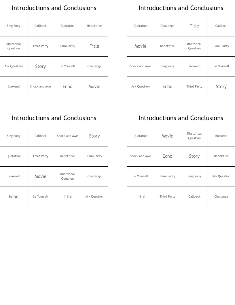 Introductions and Conclusions Bingo Cards