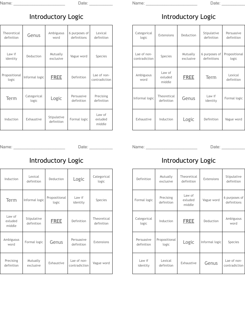 Introductory Logic Bingo Cards