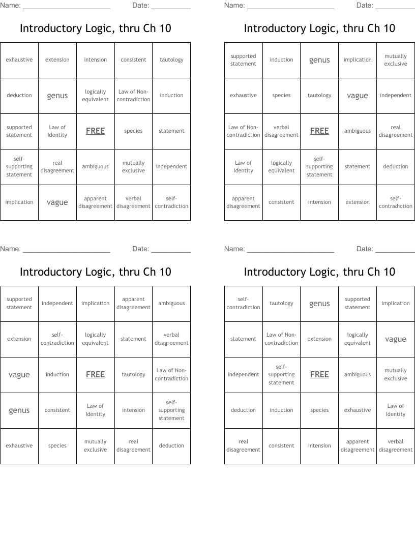 Introductory Logic, thru Ch 10 Bingo Cards