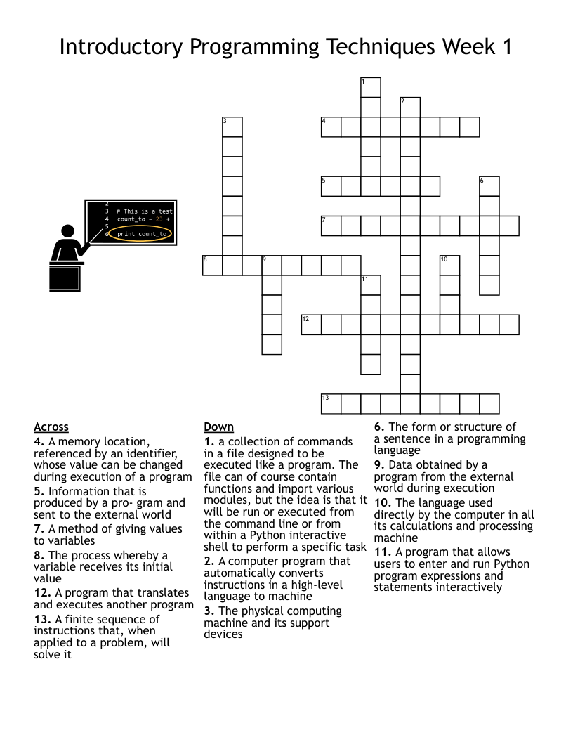 Introductory Programming Techniques Week 1 Crossword