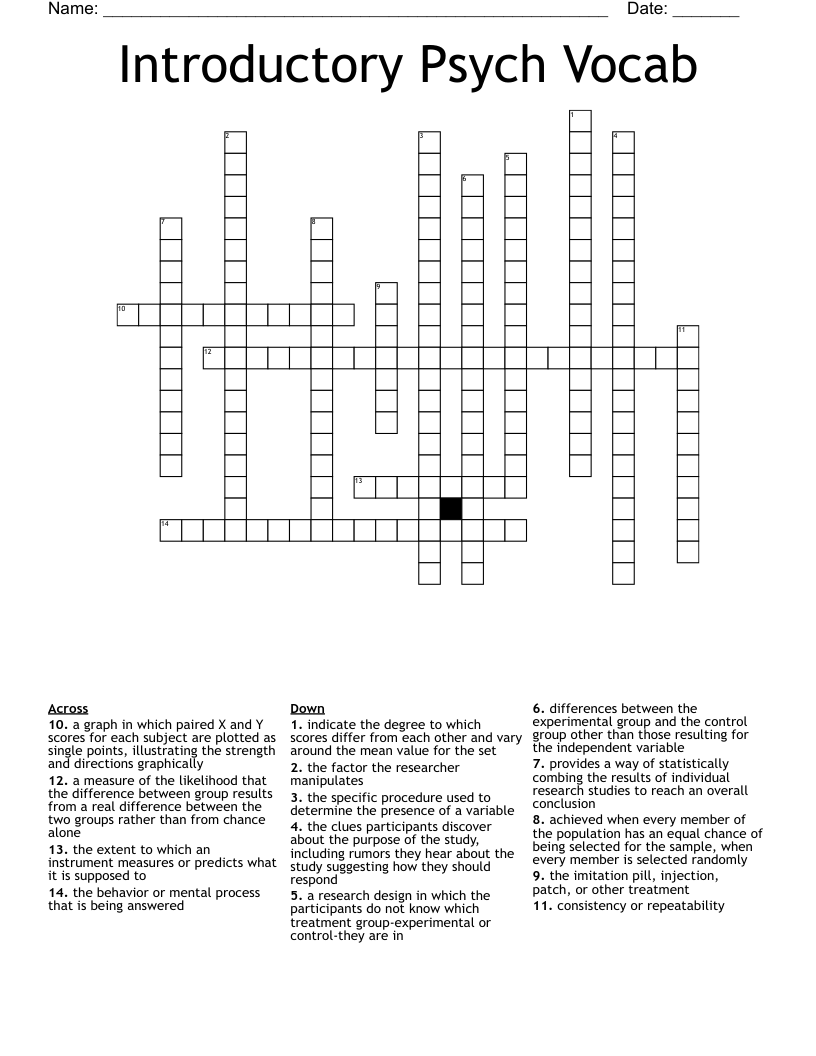 Introductory Psych Vocab Crossword
