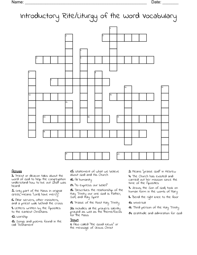 Introductory Rite/Liturgy of the Word Vocabulary Crossword