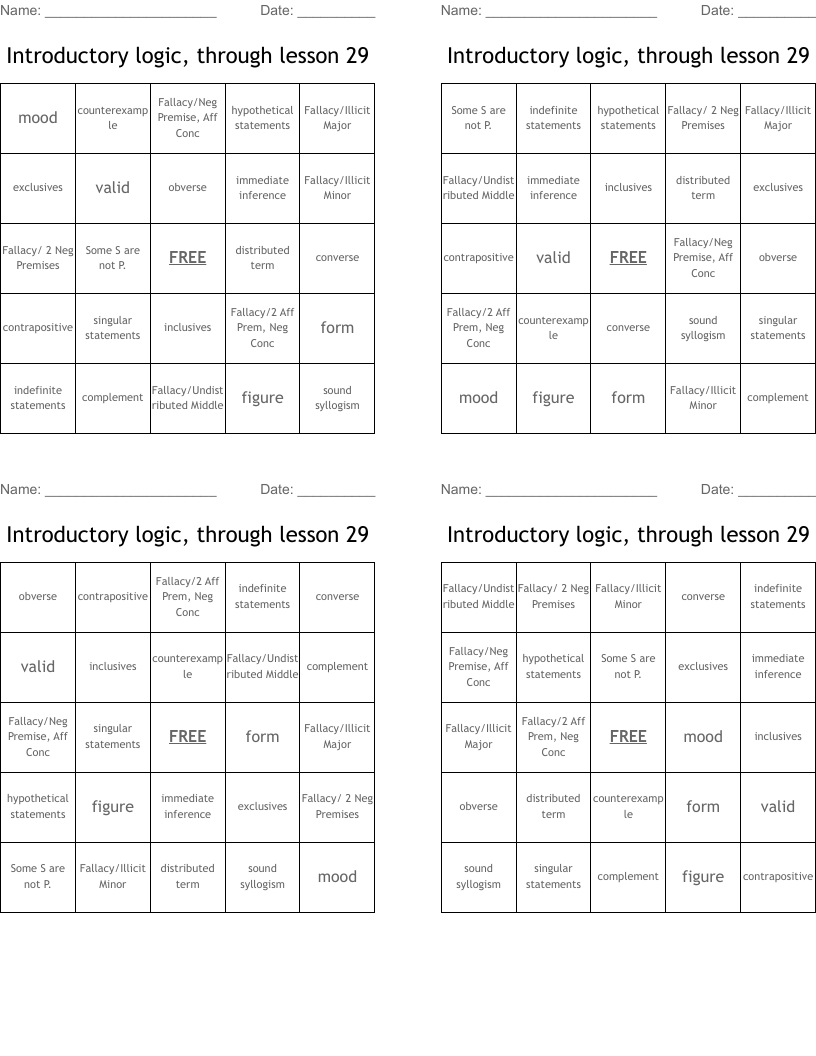 Introductory logic, through lesson 29 Bingo Cards