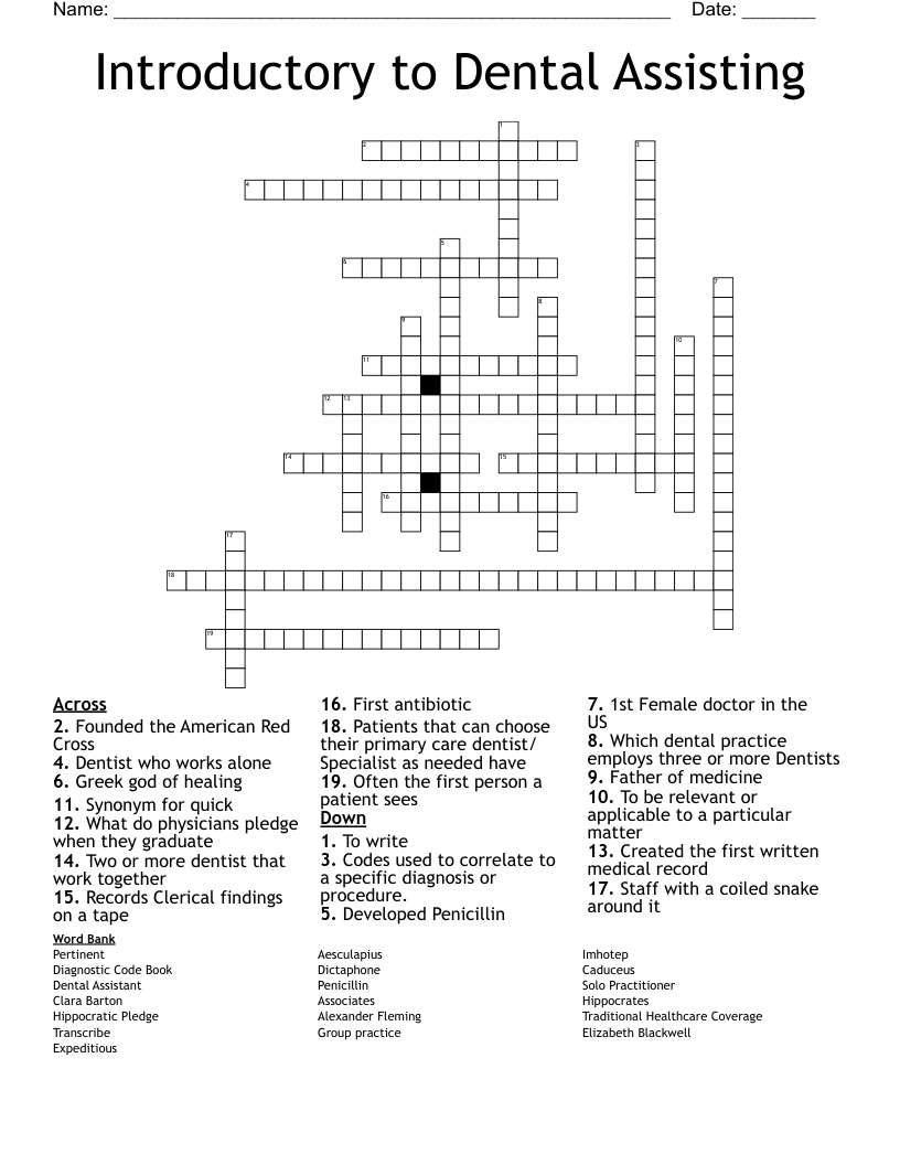 Introductory to Dental Assisting Crossword