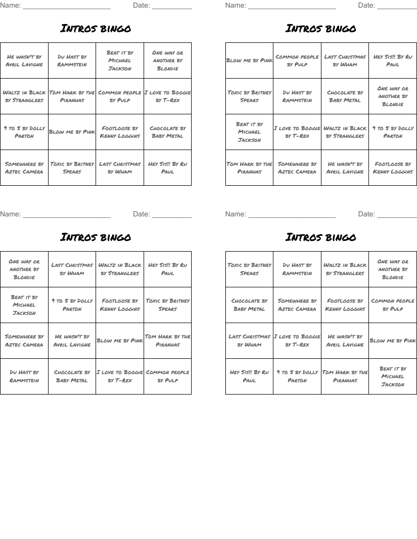 Intros bingo