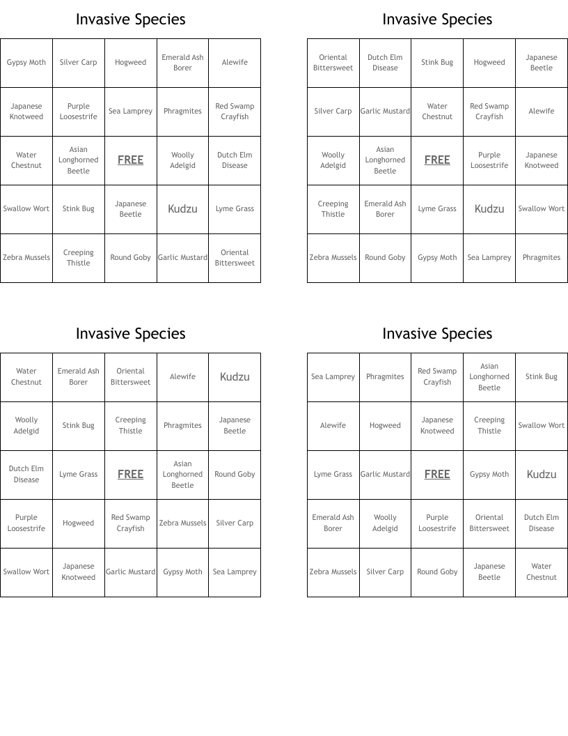 Invasive Species Bingo Cards