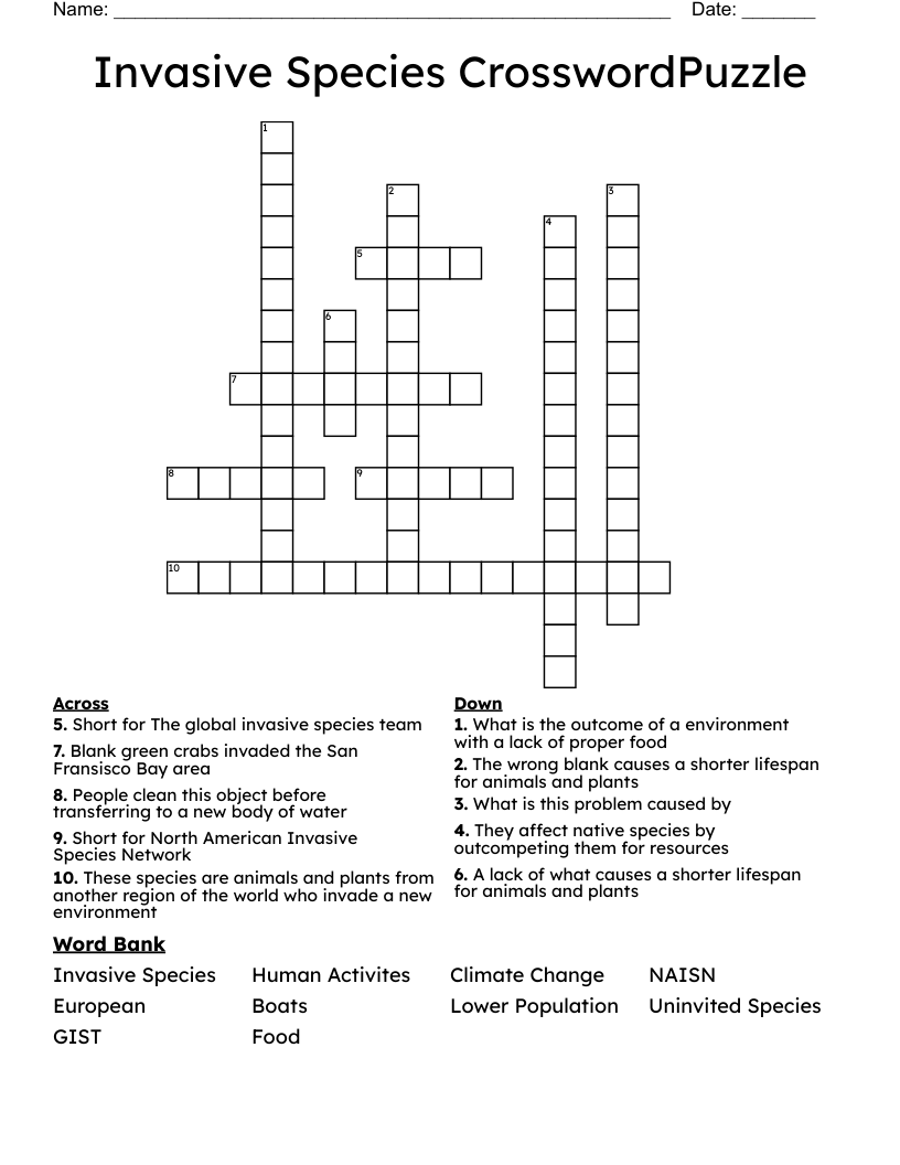 Invasive Species CrosswordPuzzle