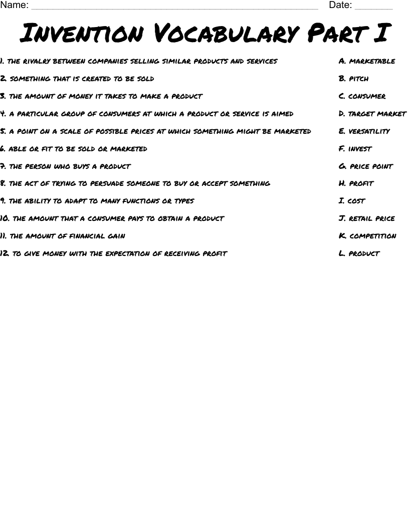Invention Vocabulary Part I Worksheet