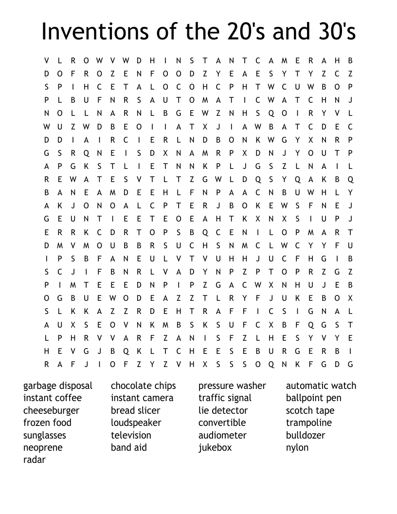 Inventions of the 20's and 30's Word Search