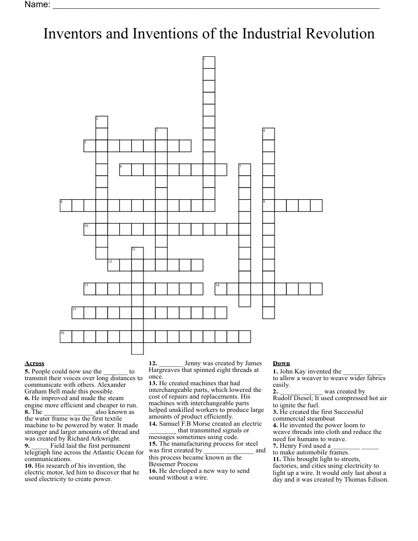 Inventors and Inventions of the Industrial Revolution Crossword