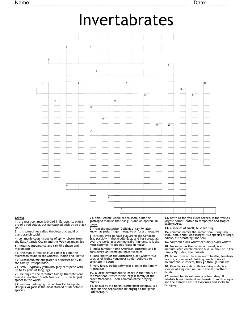 Invertabrates Crossword