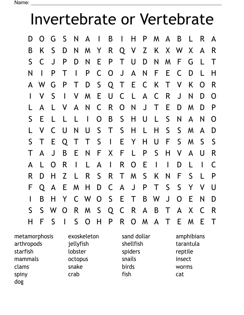 Invertebrate or Vertebrate Word Search