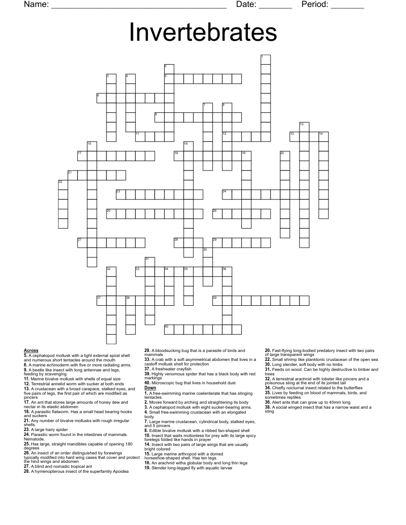 Invertebrates Crossword