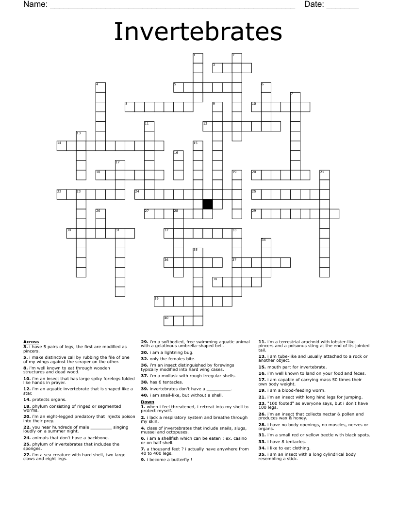 Invertebrates Crossword