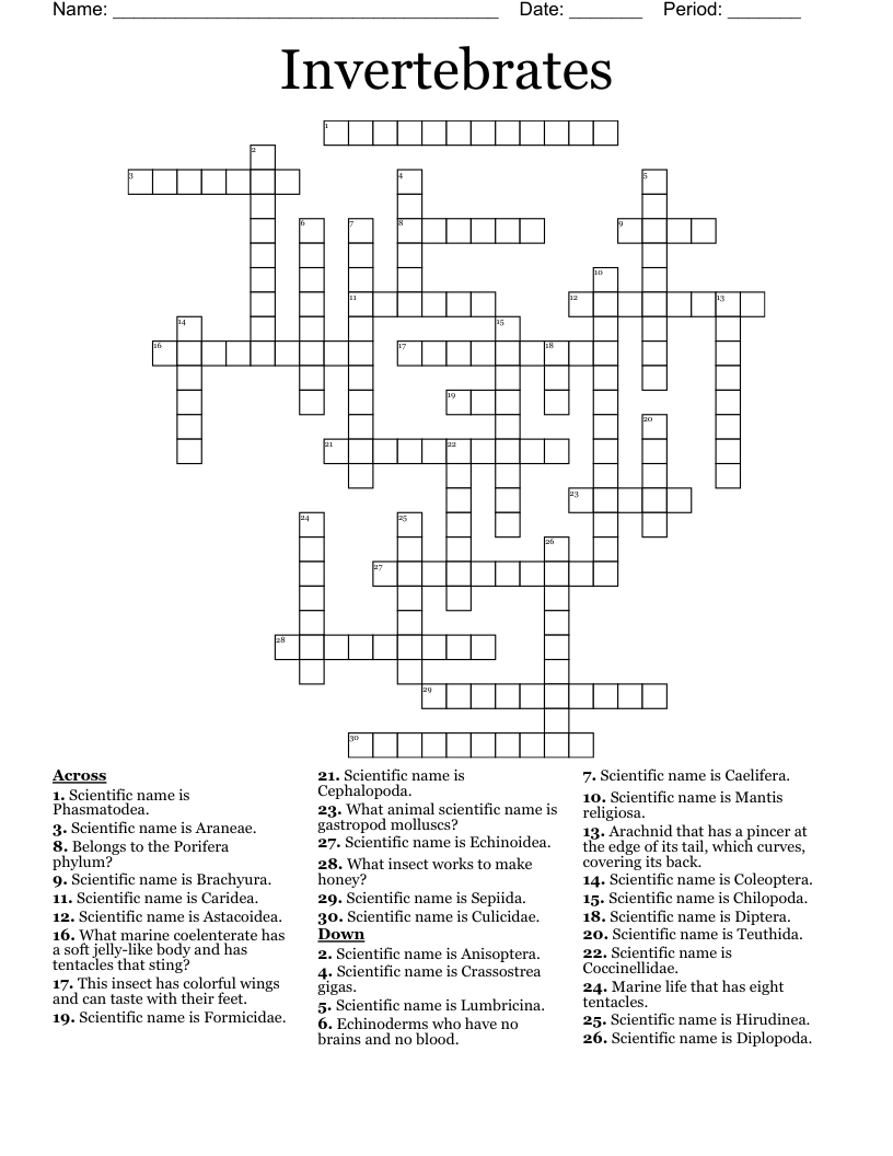 Invertebrates Crossword